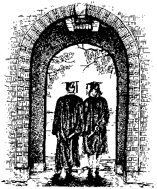 two graduates walking through an arch