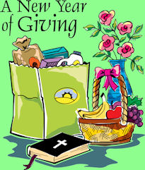 A new year of giving - bag of food, flowers, fruit and Bible
