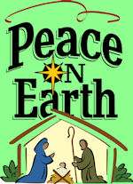 Peace on Earth over Christmas Stable with Jesus, Mary, Joseph