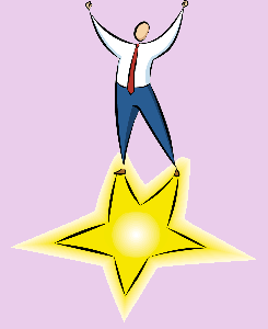 Man with upraised arms standing on a shining star